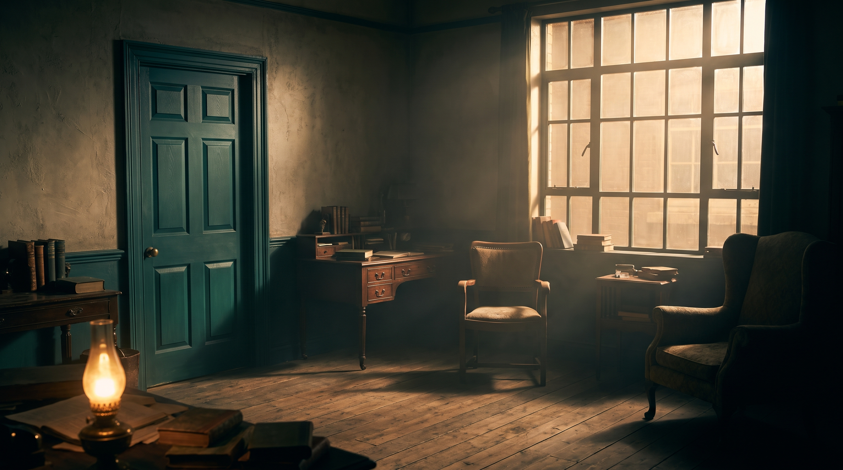 A period drama interior — practical door and window flats, textured walls and set dressing