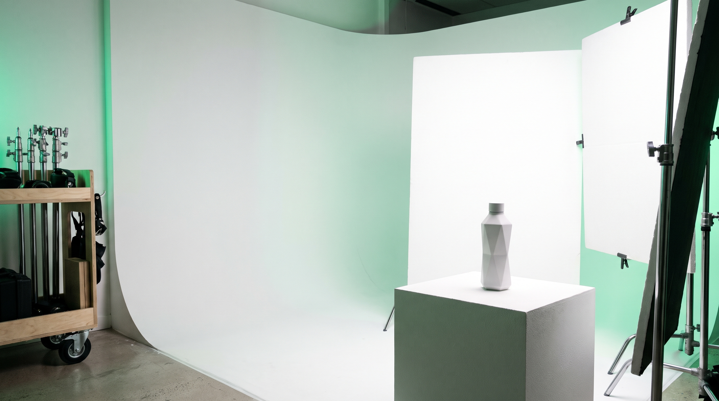 A product-shoot studio — curved cyc corner, display plinths, bounce boards and C-stand cart