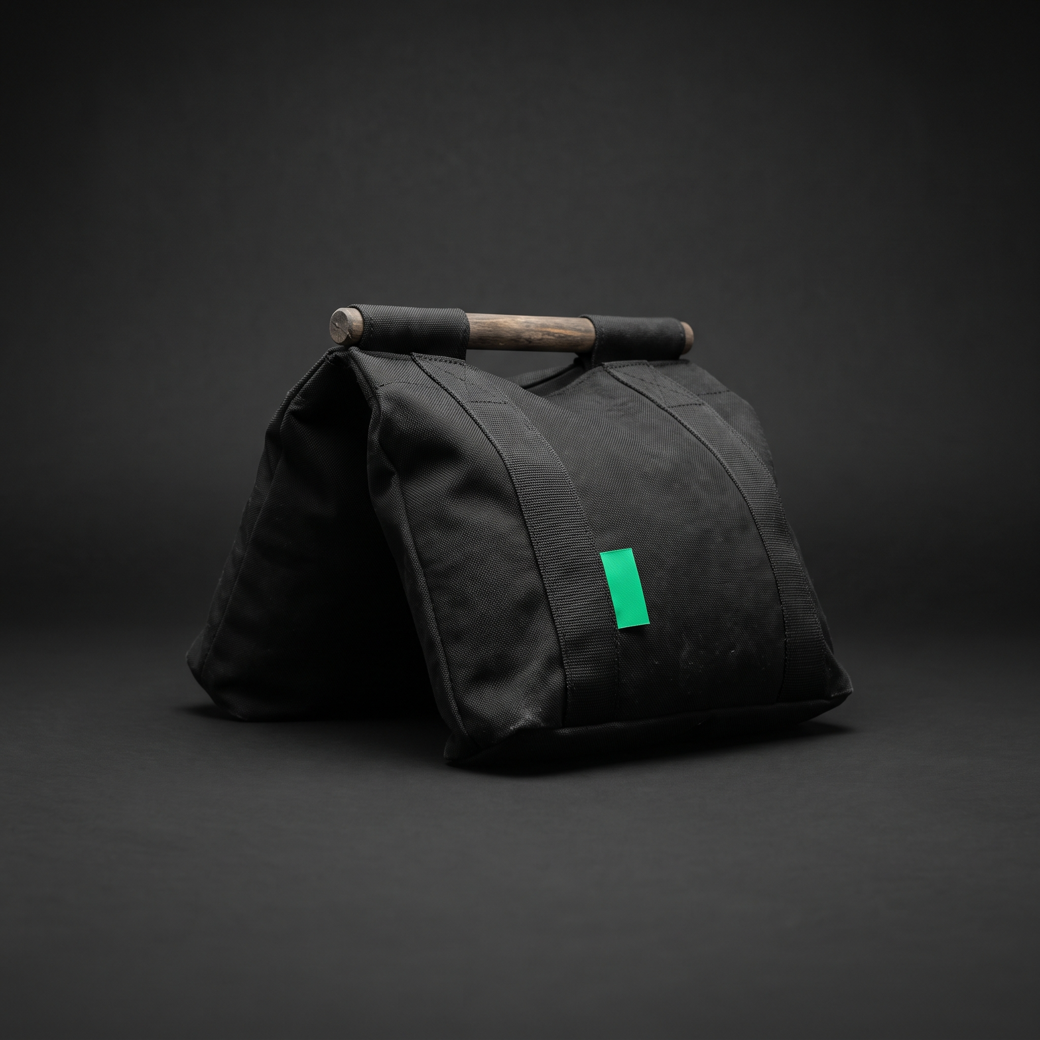 Filled black canvas saddle sandbag with timber handle and Modern Green tab