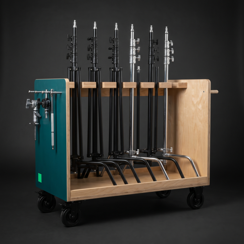 C-Stand Storage Trolley — birch-ply cart holding folded C-stands upright in a slotted rail