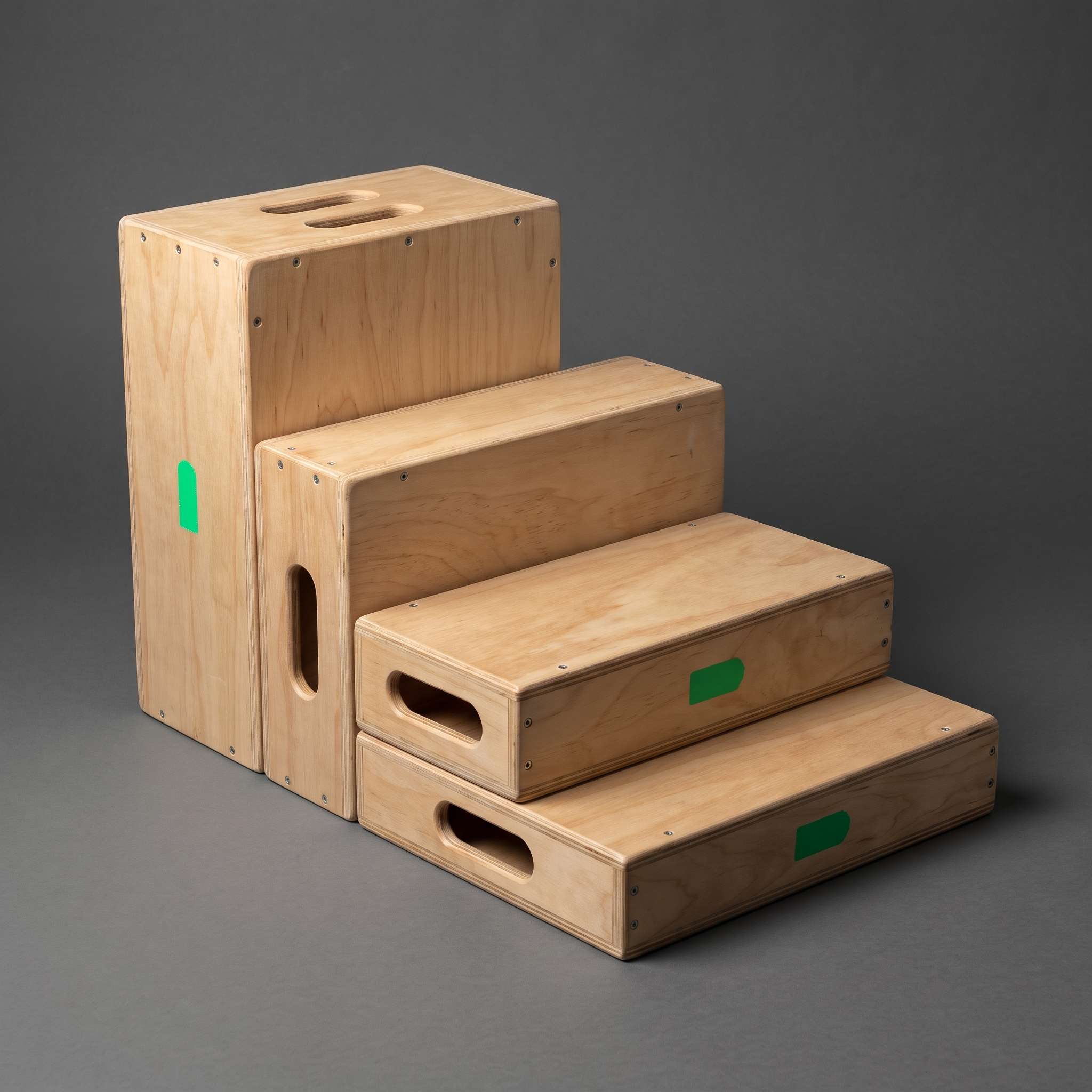 Apple box set — four graduated plywood boxes with routed hand-holes