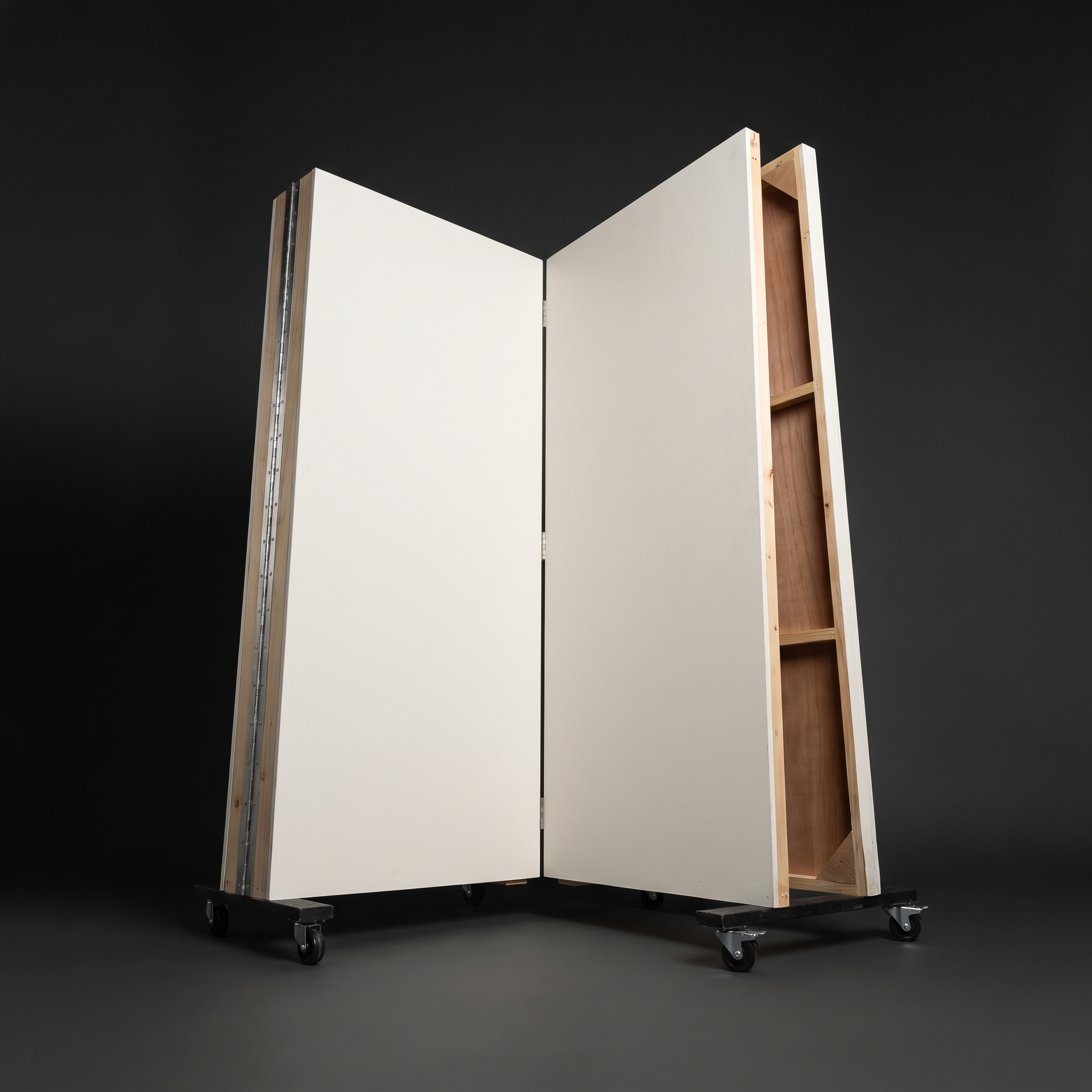 Book flats — a hinged pair on castors, part-folded