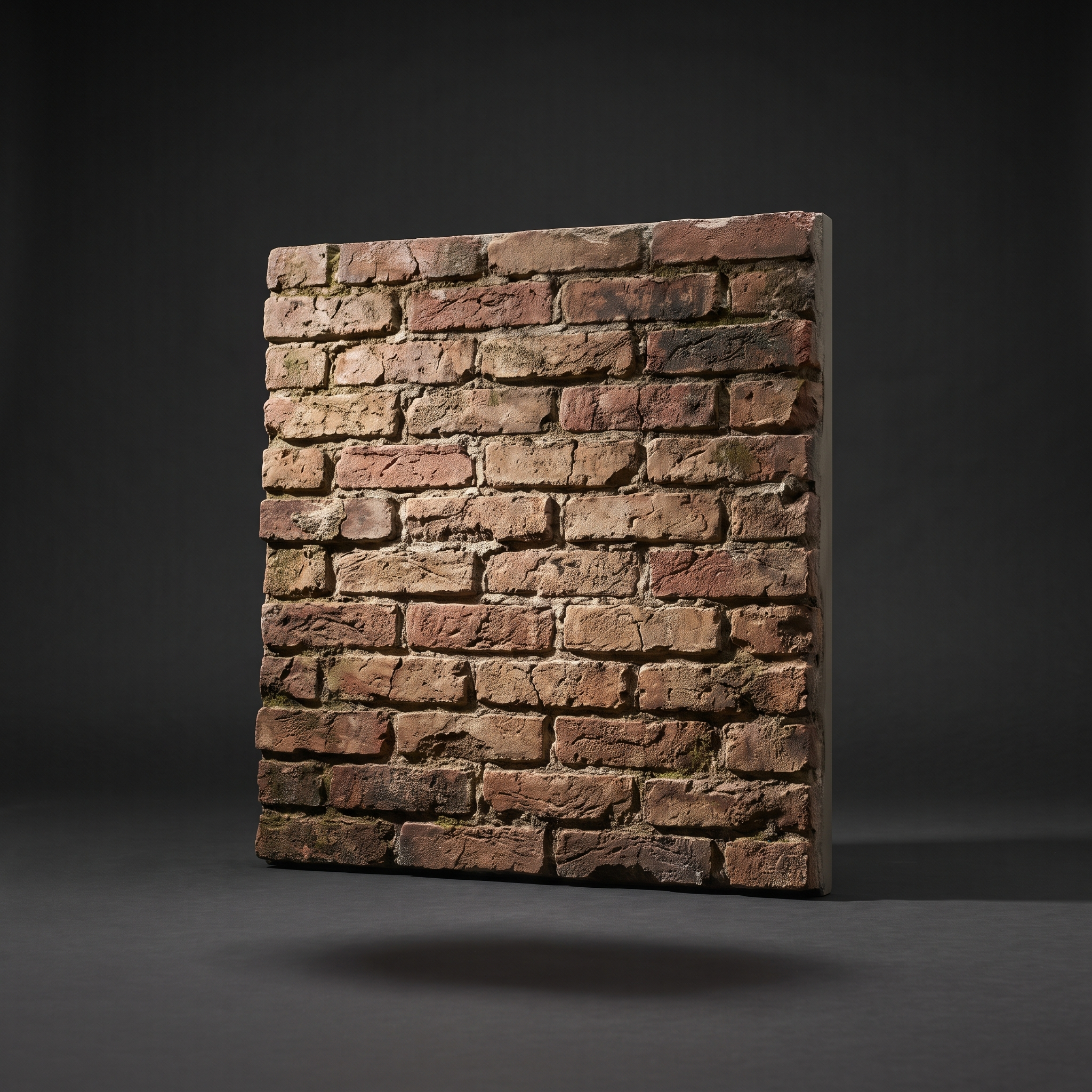 Aged-brick texture wall panel under raking light