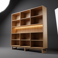 Modular oak bookshelf wall with concealed shelf lighting