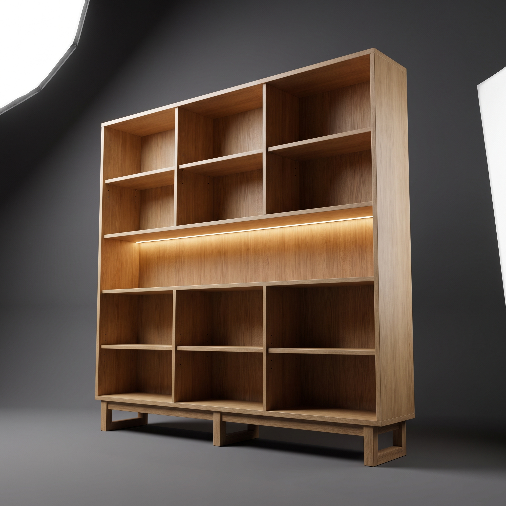Modular oak bookshelf wall with concealed shelf lighting