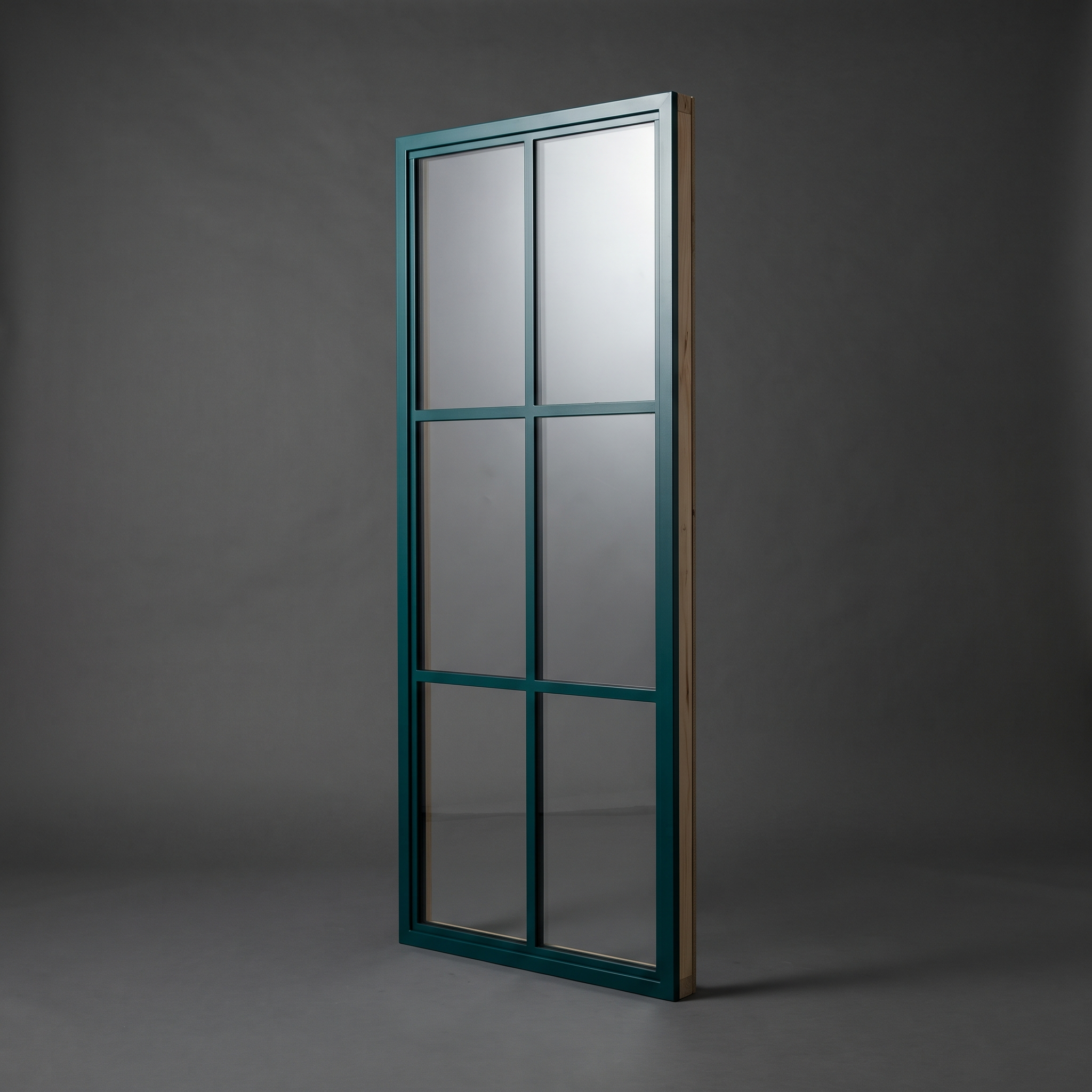 Window flat — Crittall-style Deep Green frame with glazed mullion grid, braced back