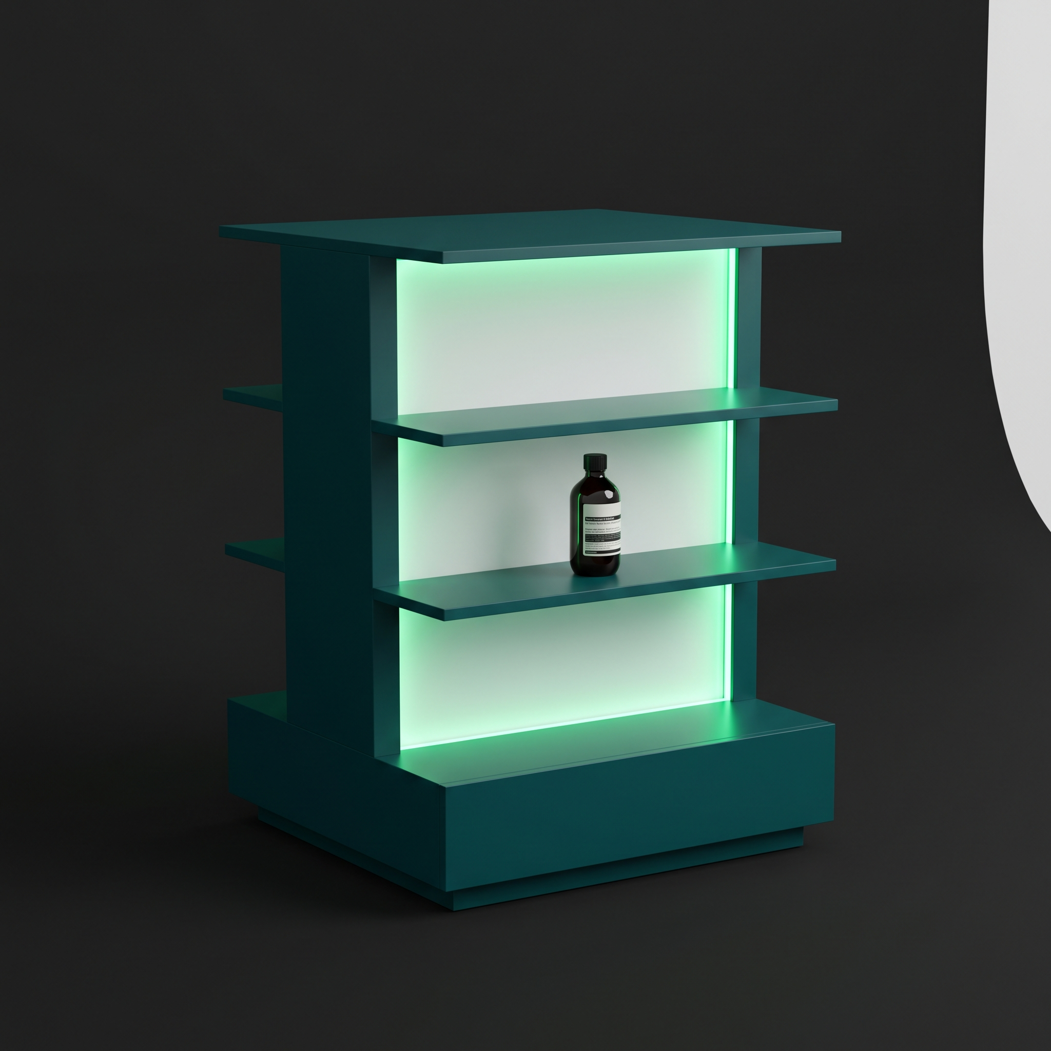 Lit product display unit with opal-acrylic Modern Green LED glow