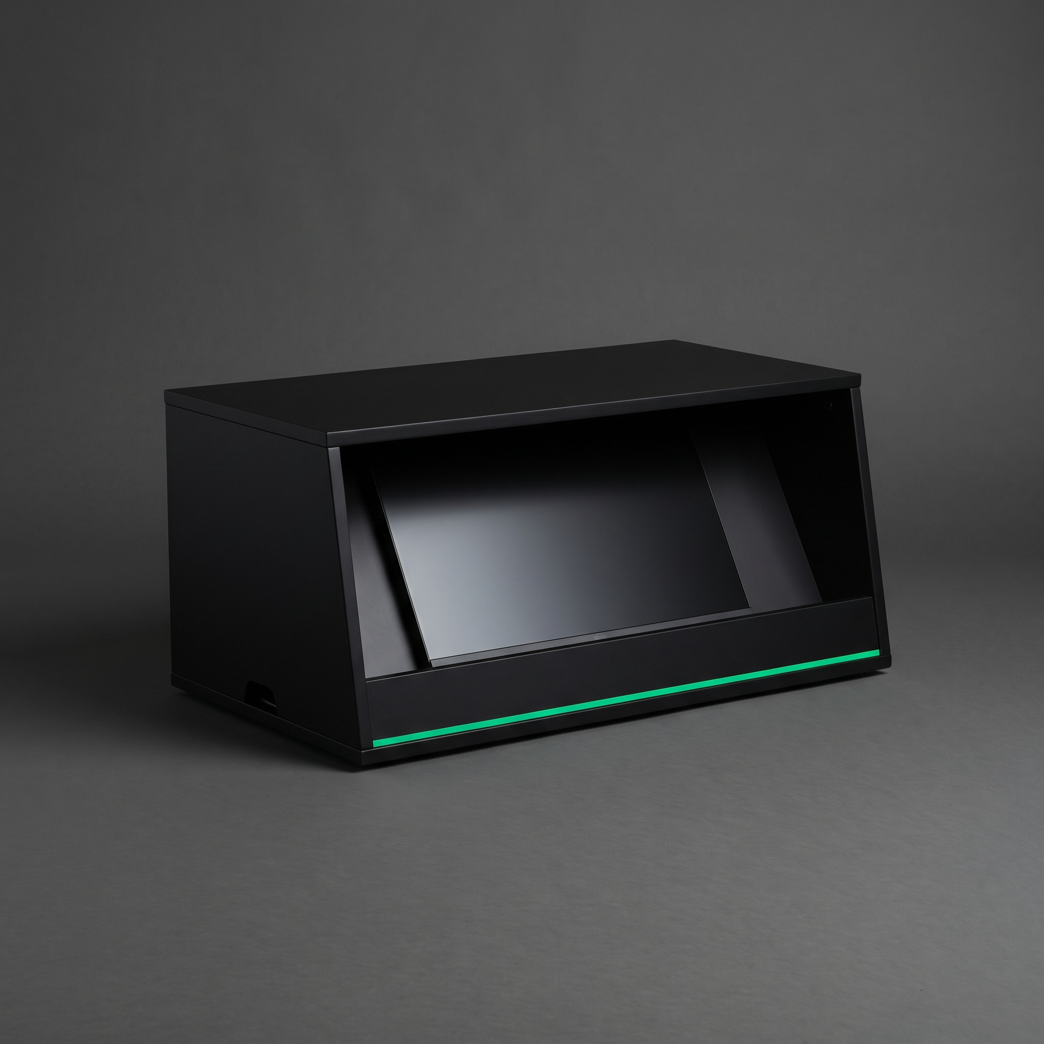 Comfort monitor hide — matt-black box with angled internal screen and Modern Green pinstripe