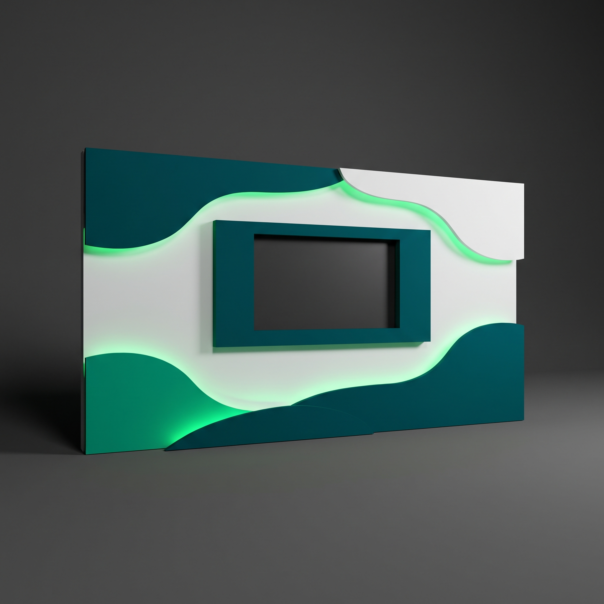 Layered conference set — sculpted Deep Green and white scenic walls with concealed LED and a central video wall
