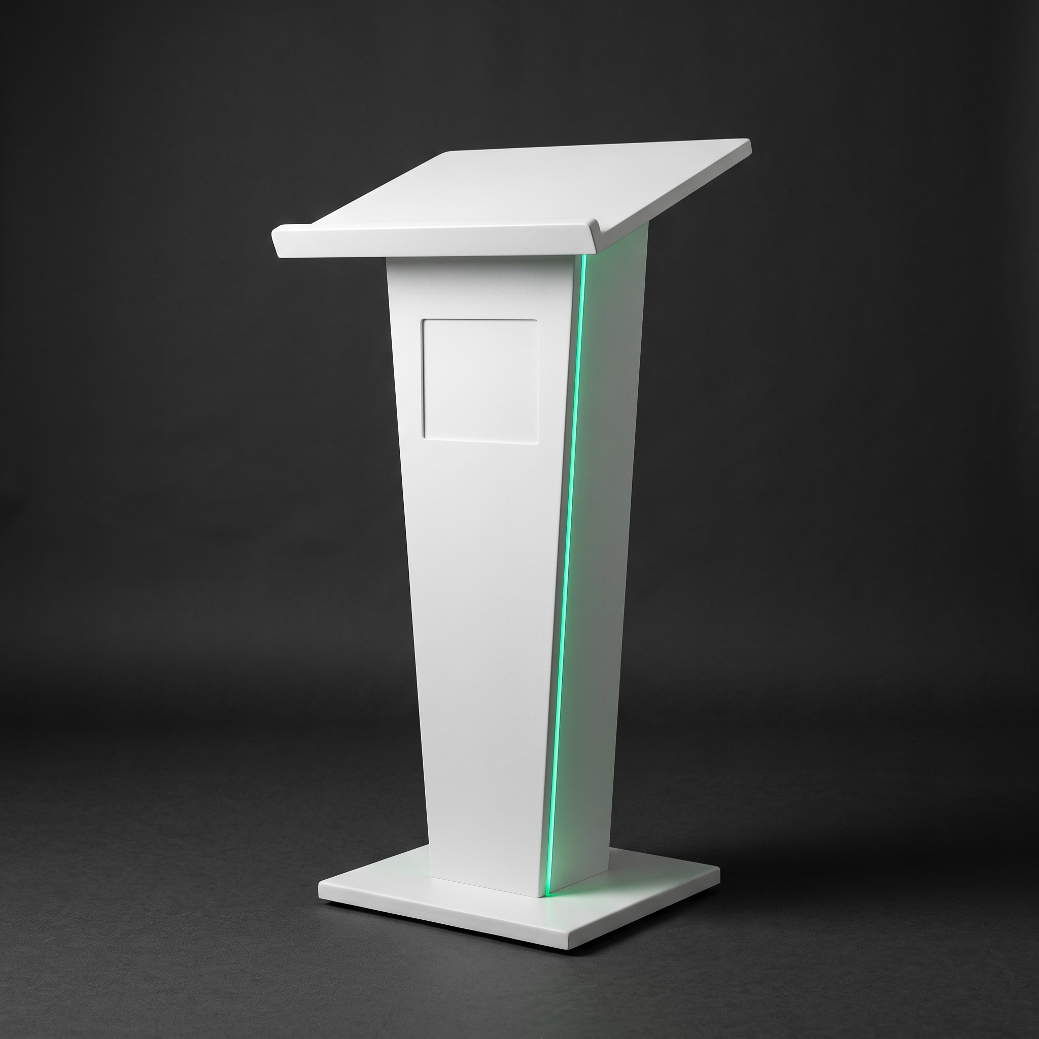 Sprayed white lectern with recessed brand insert and Modern Green edge light