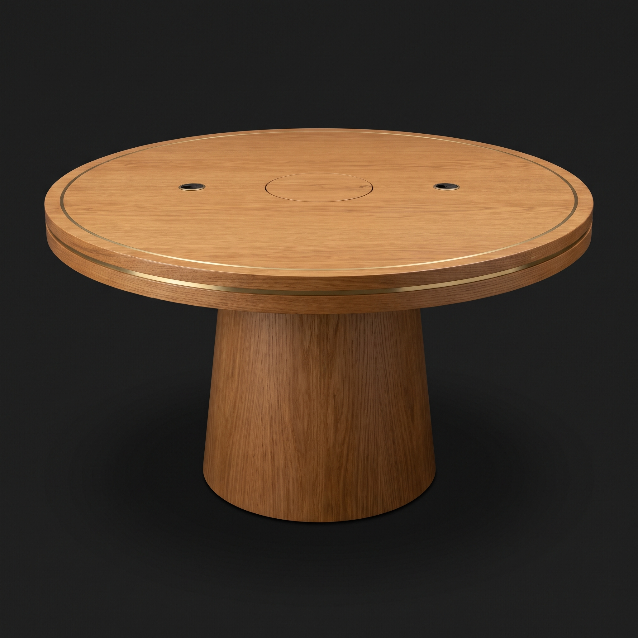 Oak podcast table with recessed cable well, mic grommets and brass inlay