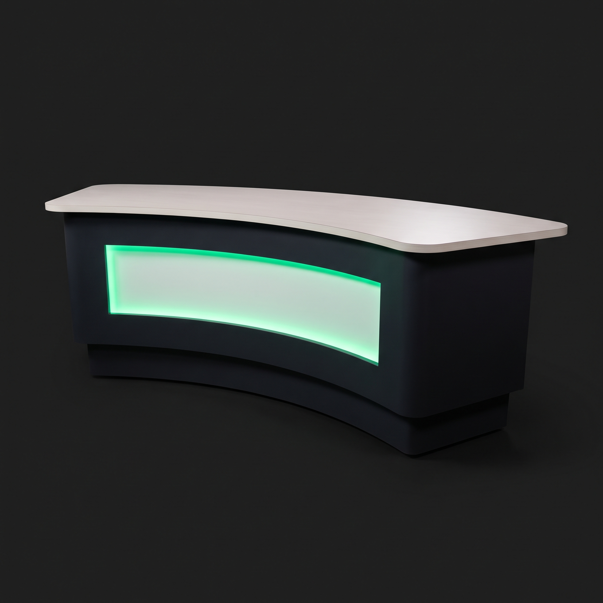 Curved broadcast desk with a full modesty front and Modern Green backlit band