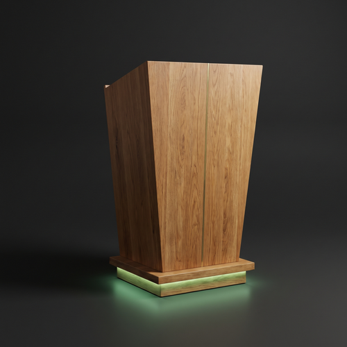Sculptural solid-oak hero lectern with brass inlay and Modern Green underglow