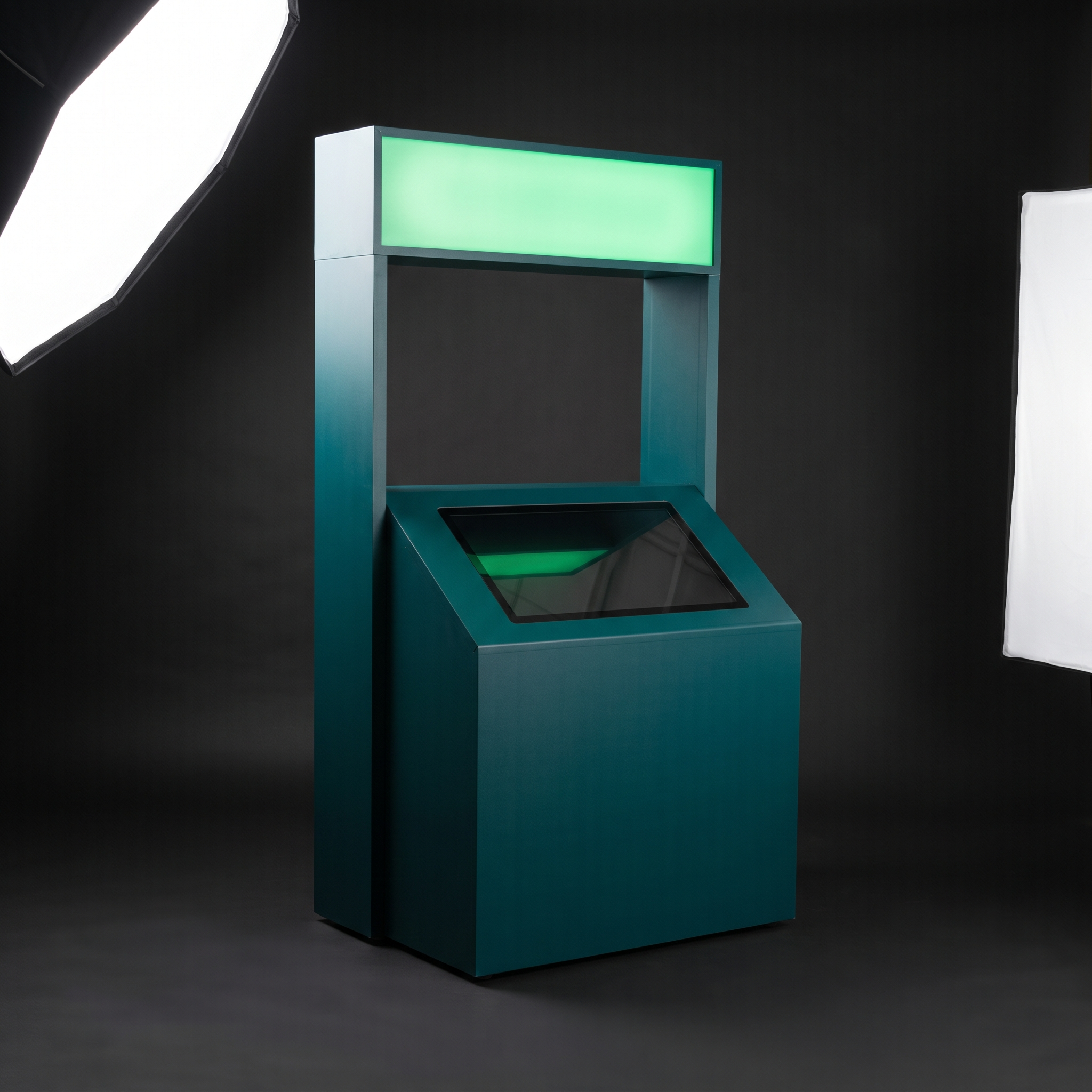 Branded kiosk with an illuminated Modern Green header and a touchscreen